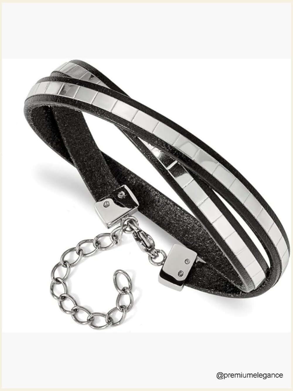 Stainless Steel Polished Italian Leather Wrap Bracelet 14.5in with 2in Ext